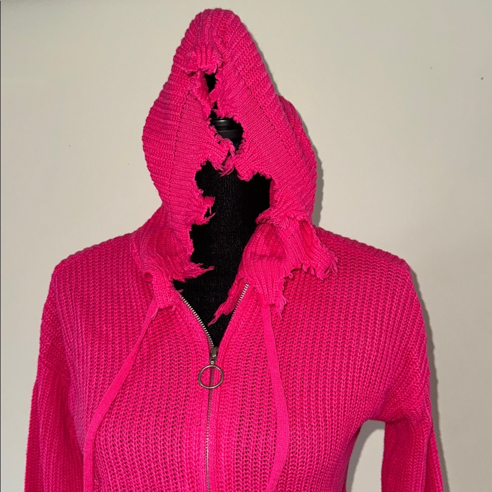 Distressed Hot Pink Hooded Sweater S - Picture 2 of 6